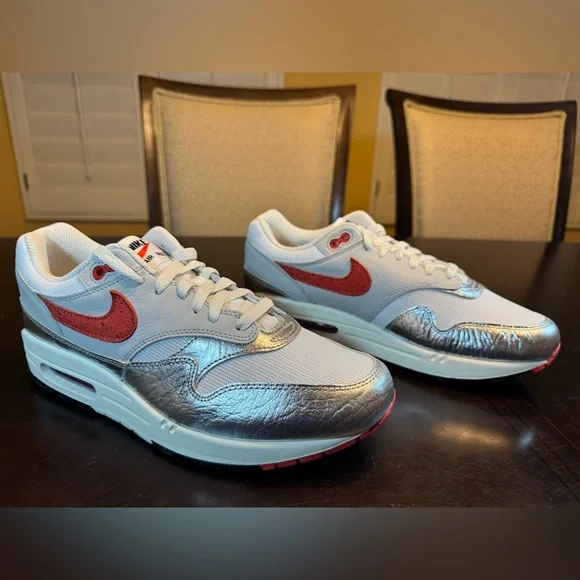 New Nike Air Max 1 Premium White Silver Sneaker Shoes Size US 10 - Picture 1 of 14